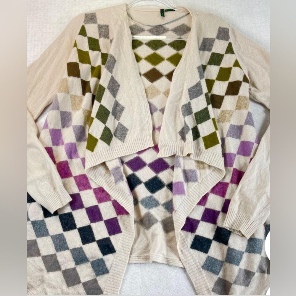 United Colors Of Benetton Stile Argyle Cardigan Sweater Tan OSFM RARE Vintage
